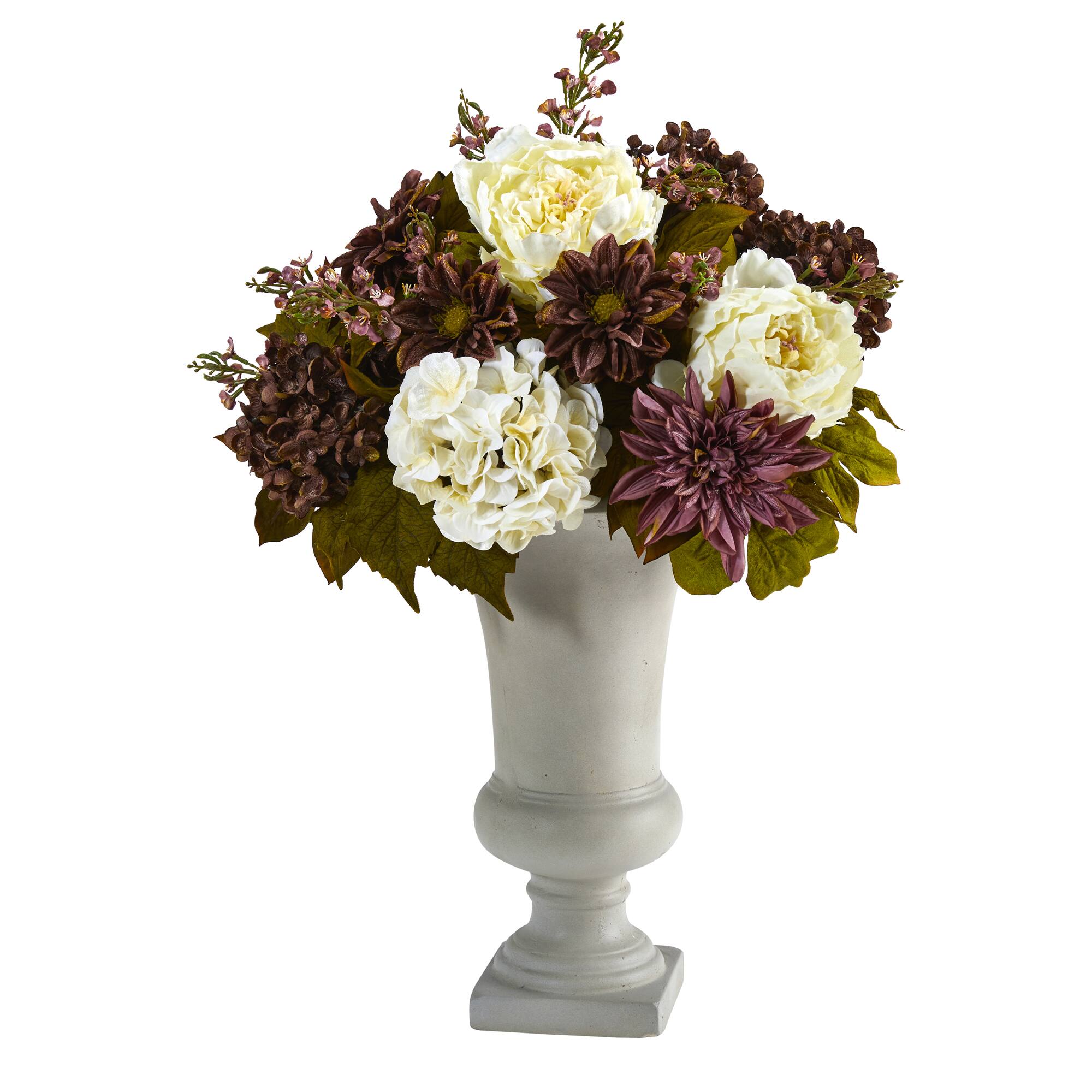 27" Peony, Hydrangea & Dahlia Arrangement in Sand Colored Urn